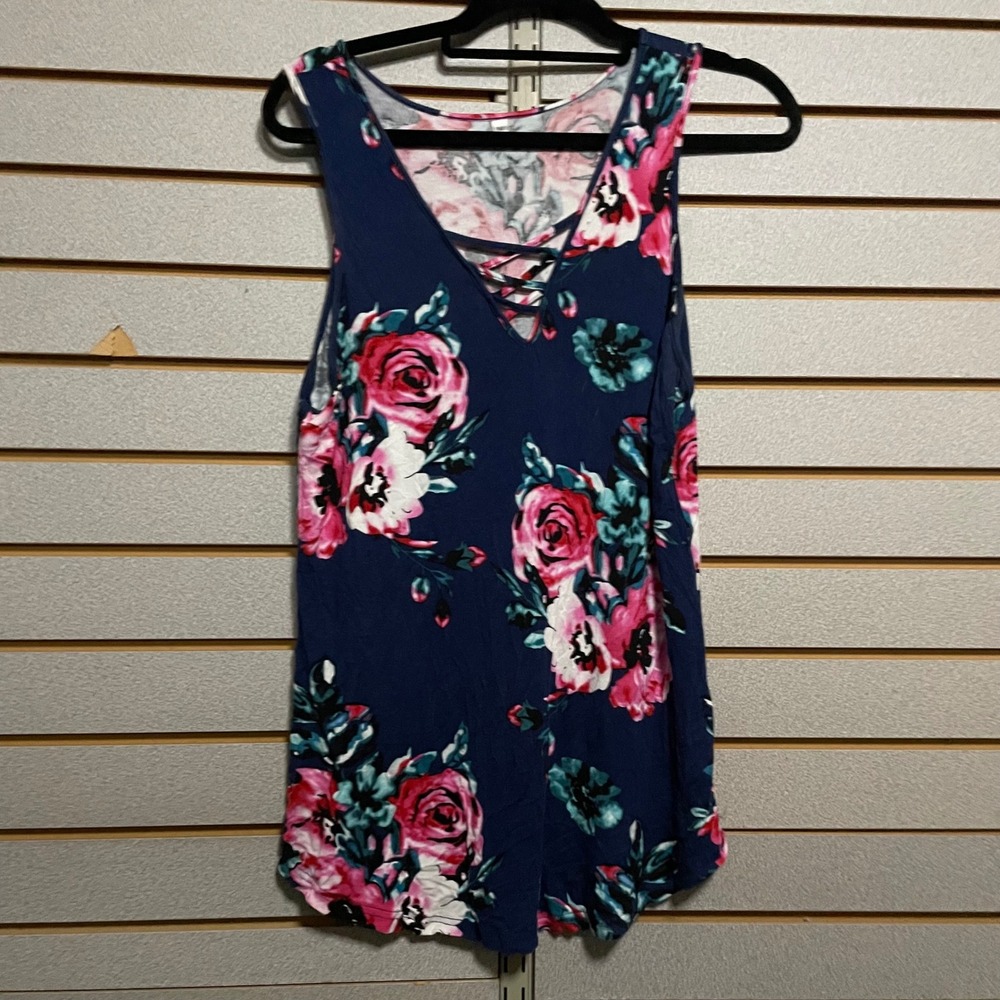 Womens Navy Floral Lace‎ Up V Neck Tank Top Medium Soft Comfy Flowy
